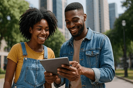 Couple looking at tablet