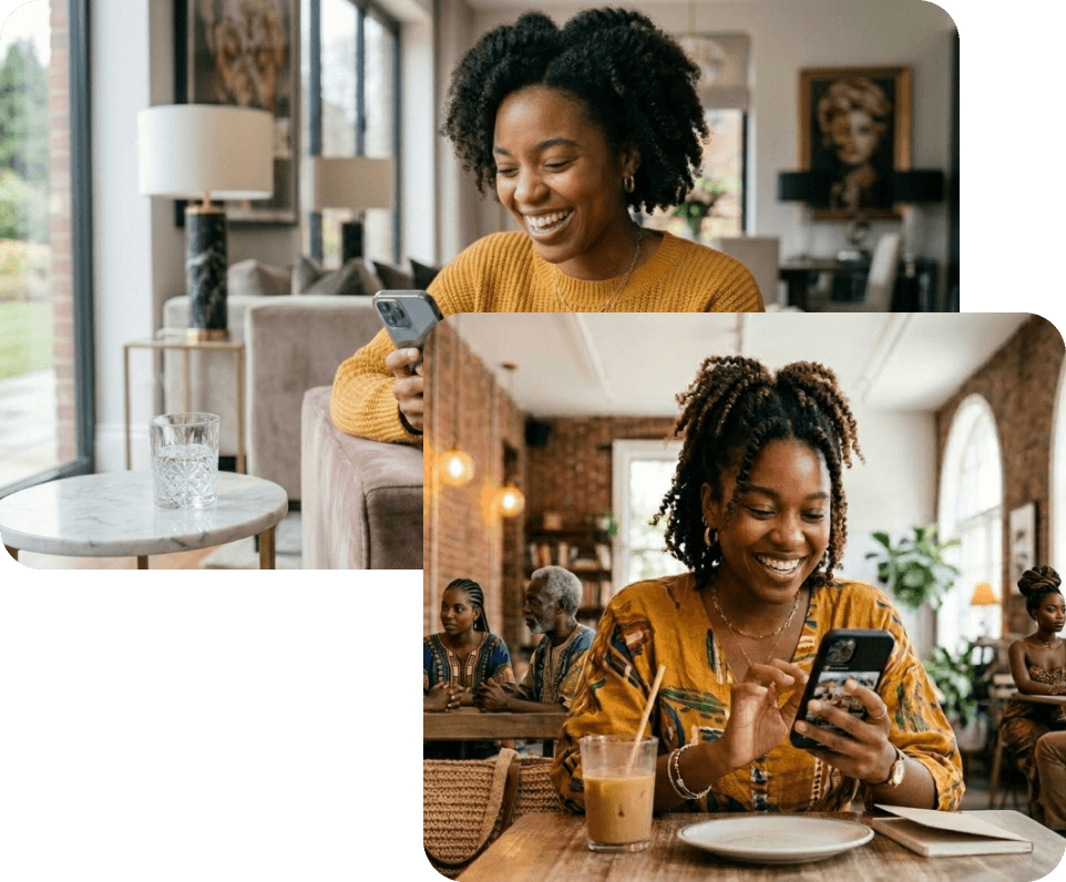Woman smiling on couch using phone